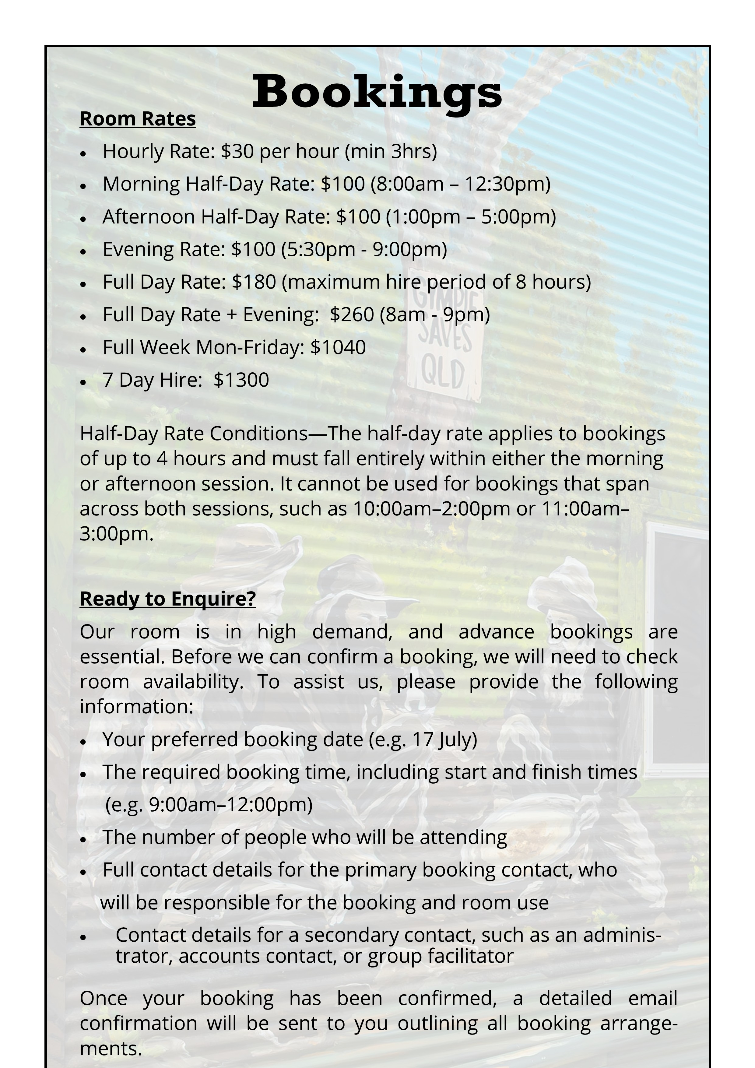Tom Grady Real Estate > Gold Mine Function Room > Bookings